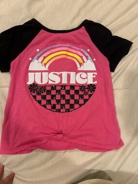 Justice Pink Rainbow Graphic Raglan Tee with Black Sleeves